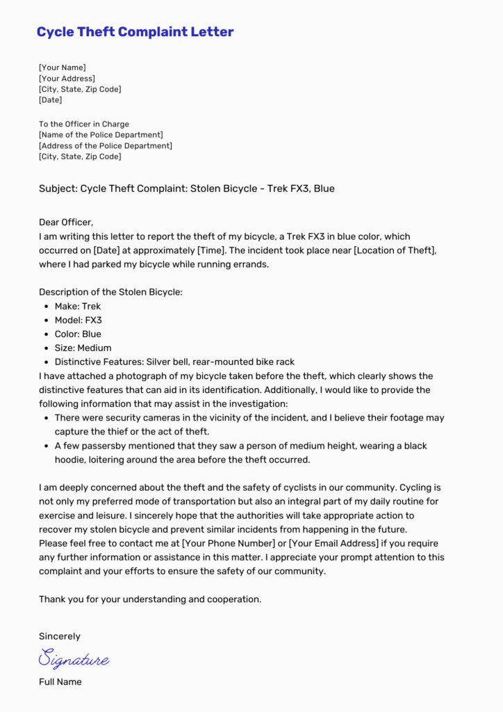 cycle theft complaint letter - example 1