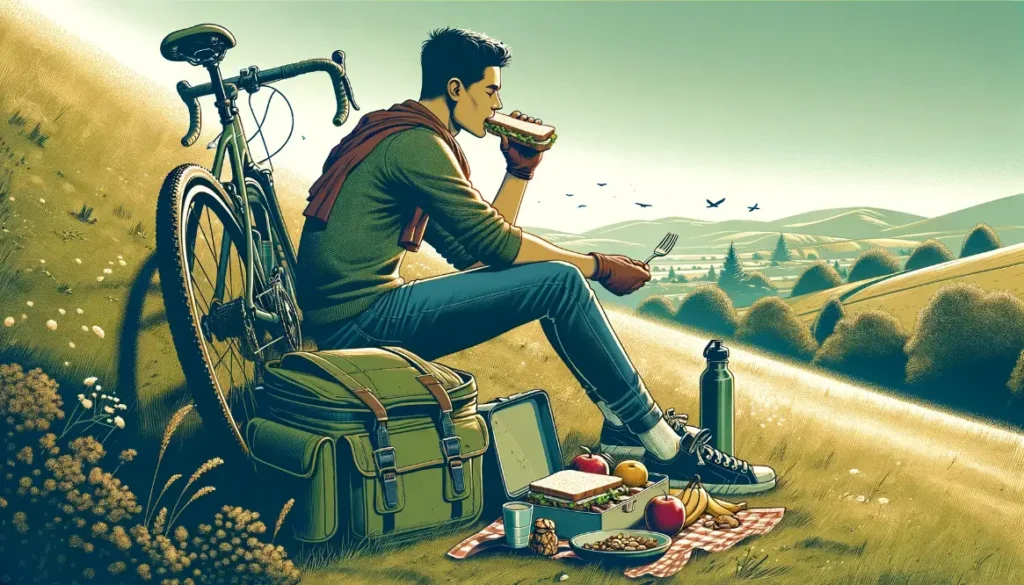 cyclist resting and enjoying a nutritious meal during a long bike ride